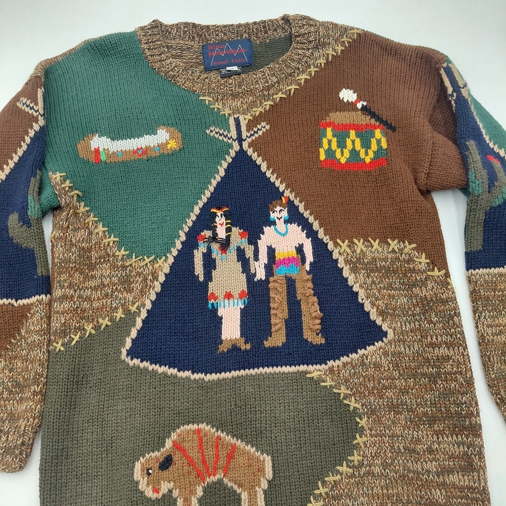 Vtg Blue Mountain Indian Themed Hand Knit Sweater M Teepee Drum  Eclectic